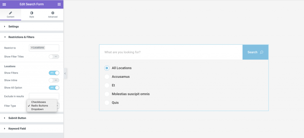 Search Form Radio Buttons Fitlers